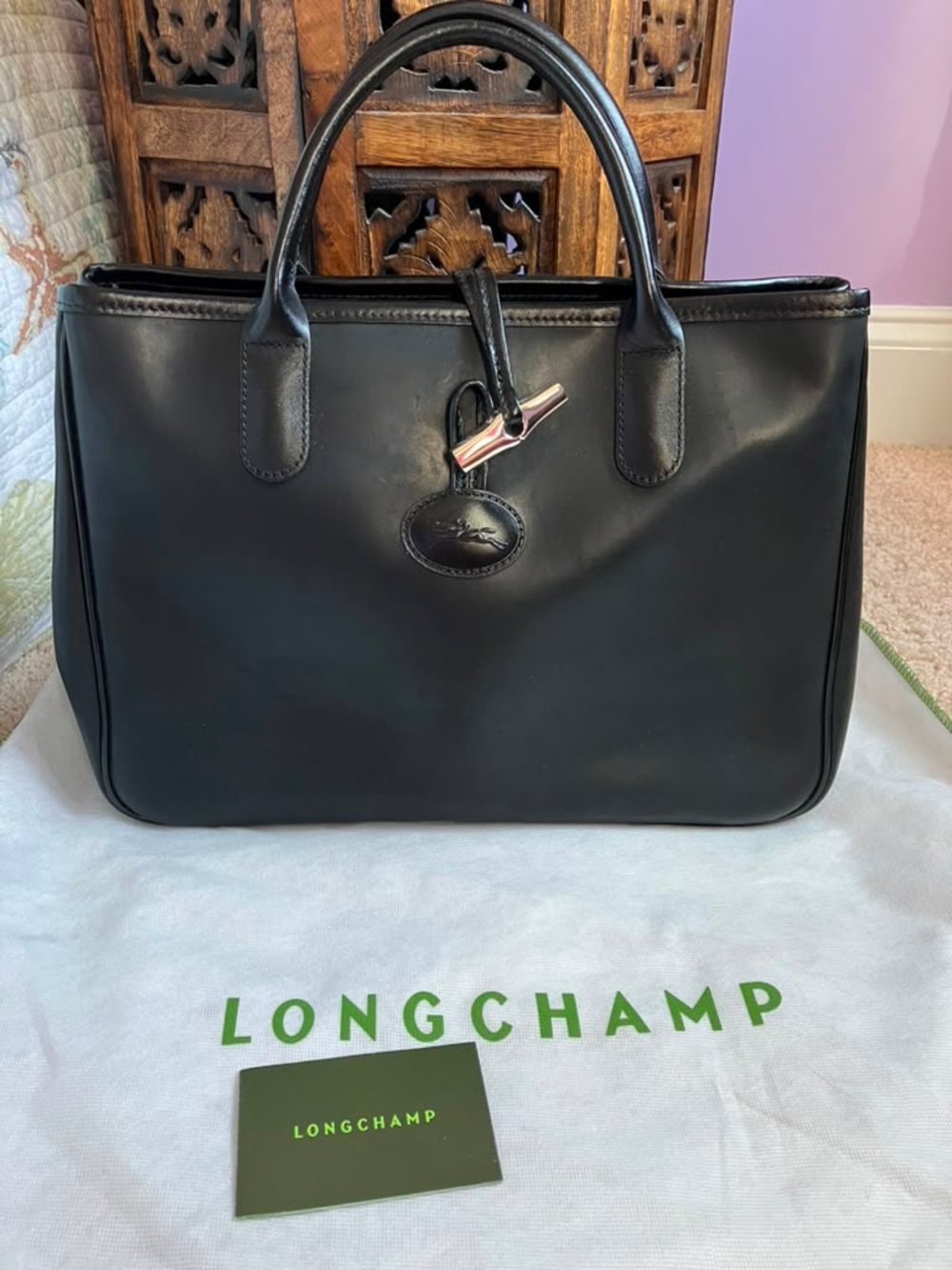 Longchamp Roseau Black Leather Tote Briefcase with Silver Accent - Picture 1 of 15